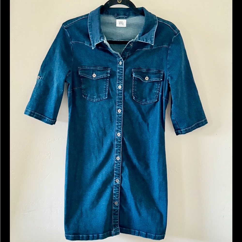Wash Lab Denim Dress Button Down Short Sleeve Medium Long Shirt EUC